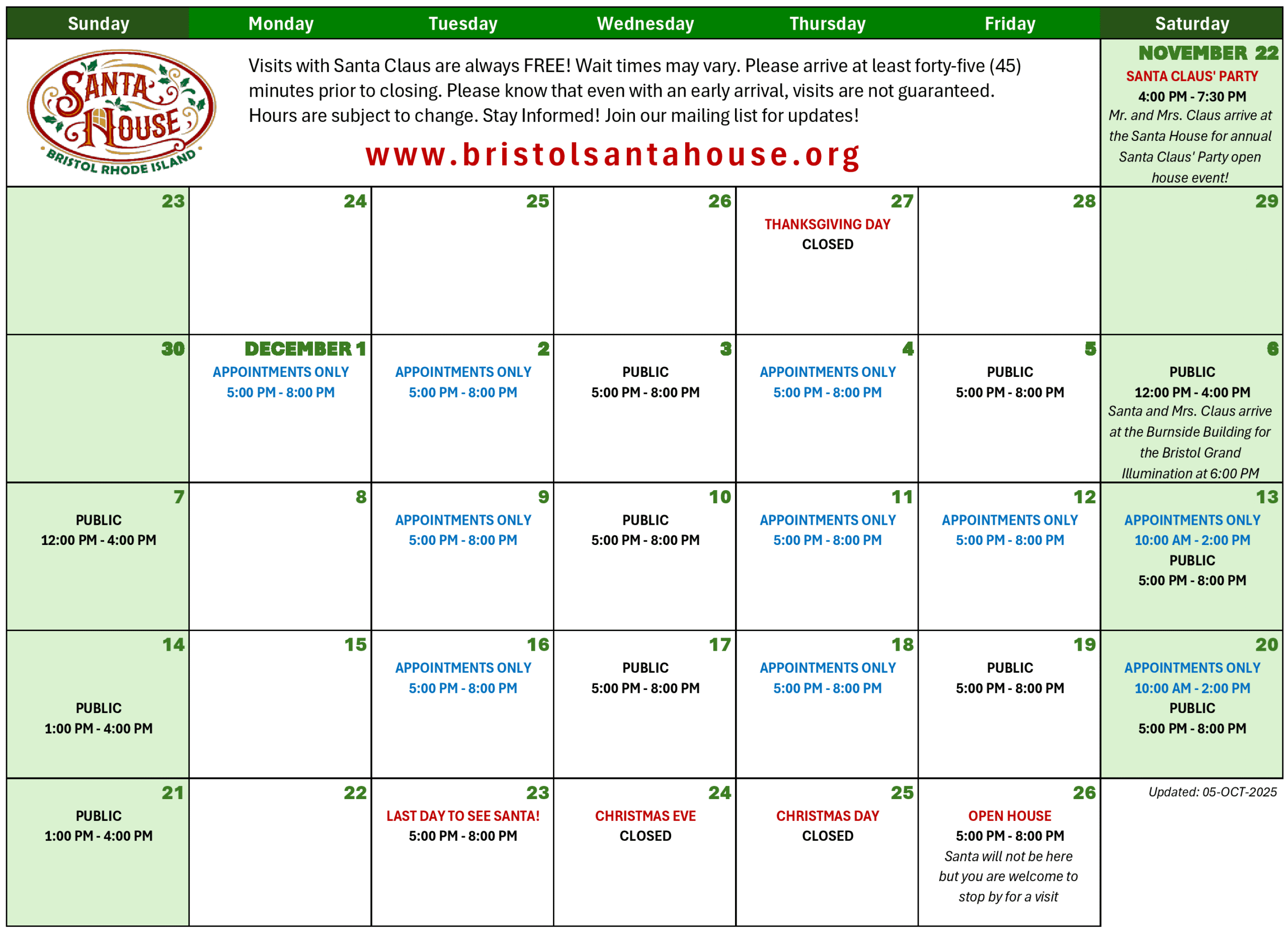 Bristol Santa House 2025 Season Schedule