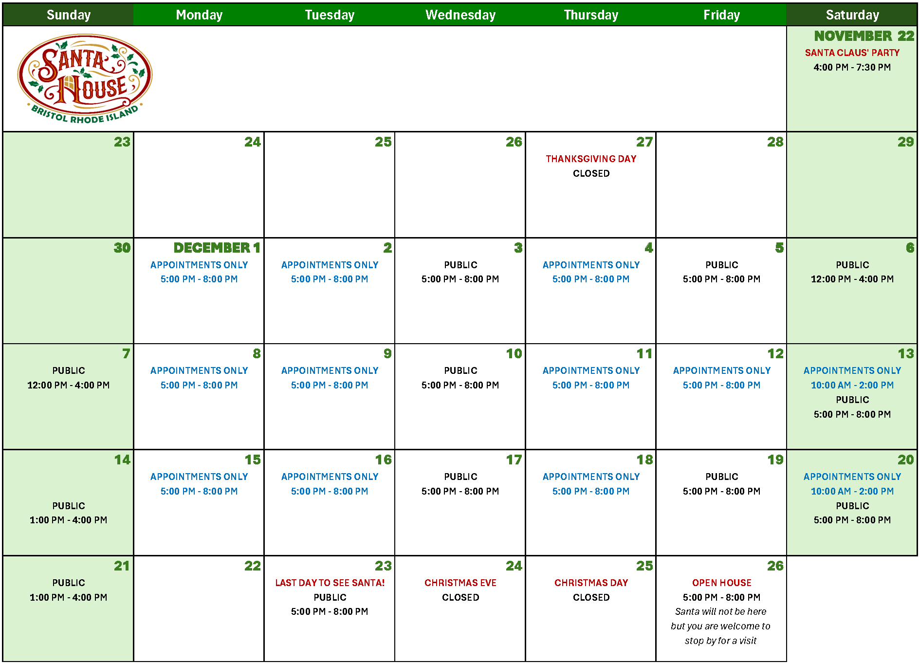 Bristol Santa House 2025 Season Schedule